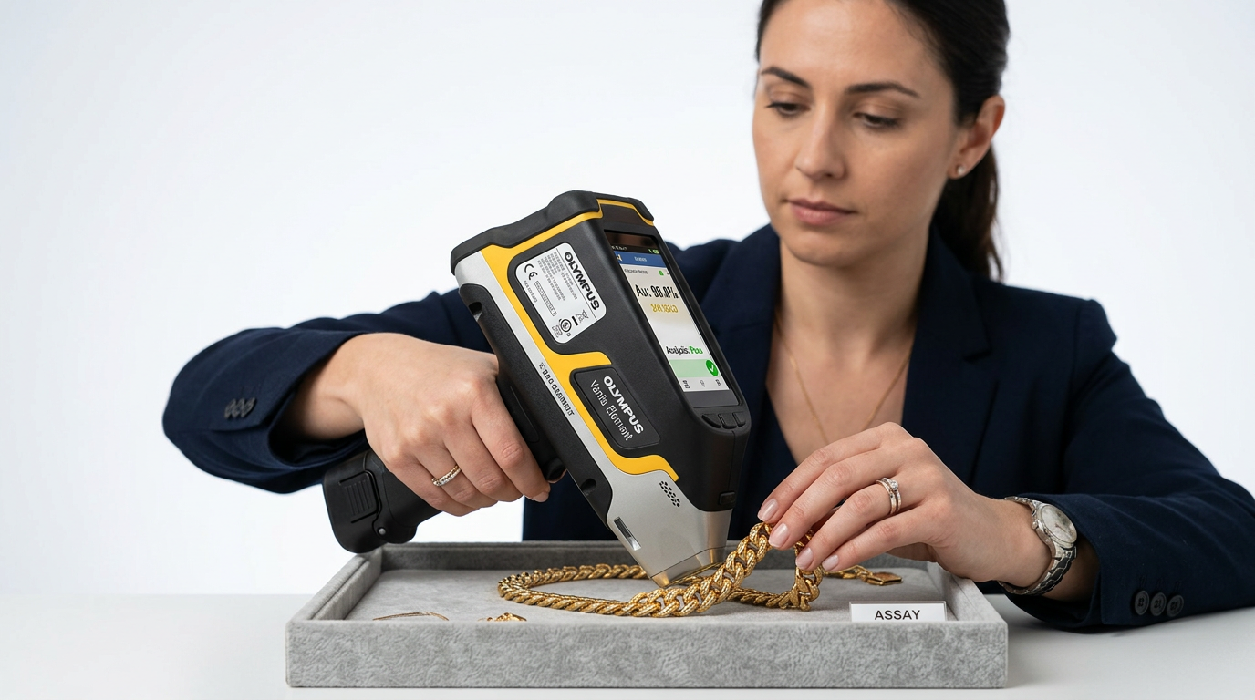 Handheld XRF analyzer testing gold in pawnshop
