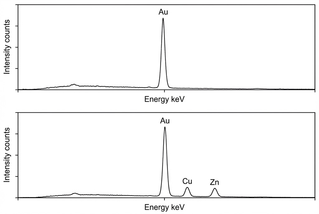 XRF spectrum comparison of real 18K gold versus gold-plated brass counterfeit showing additional copper and zinc peaks