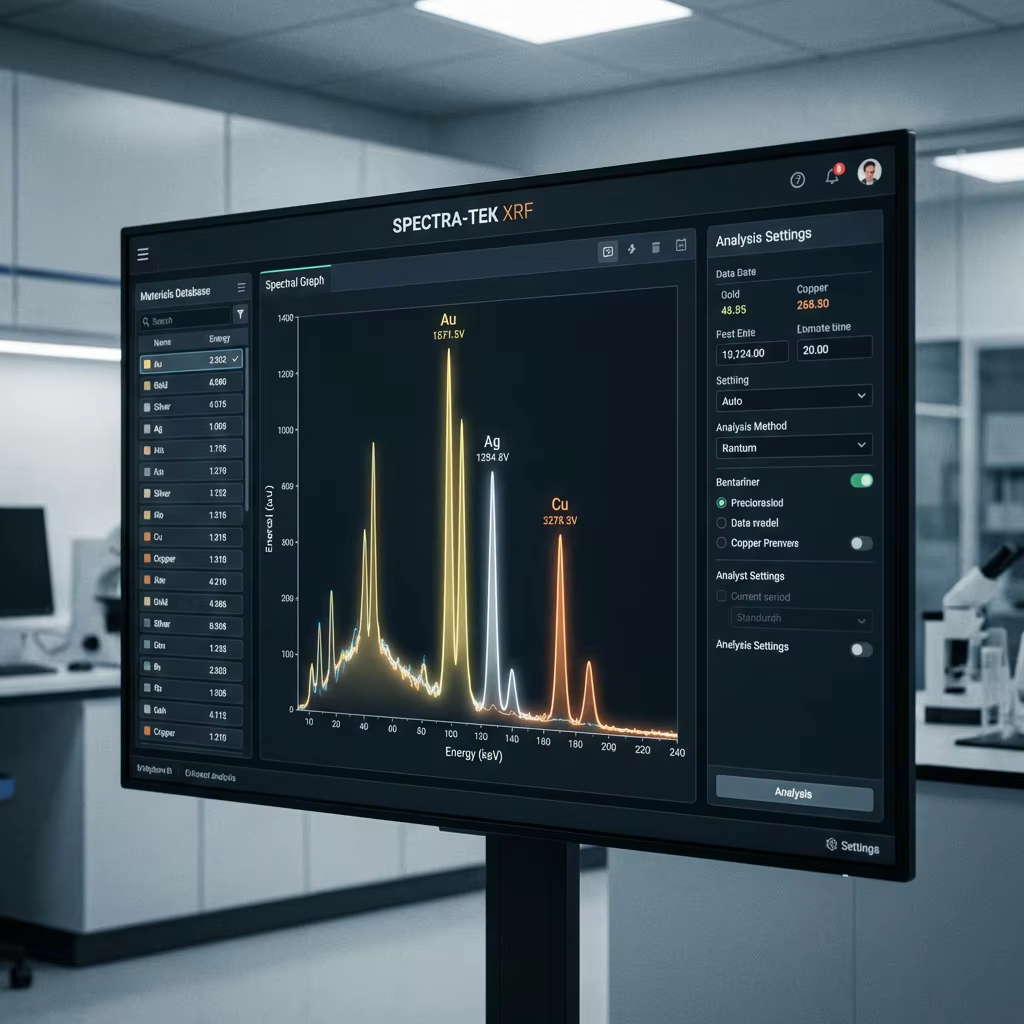 XRF analyzer software interface showing spectral peaks