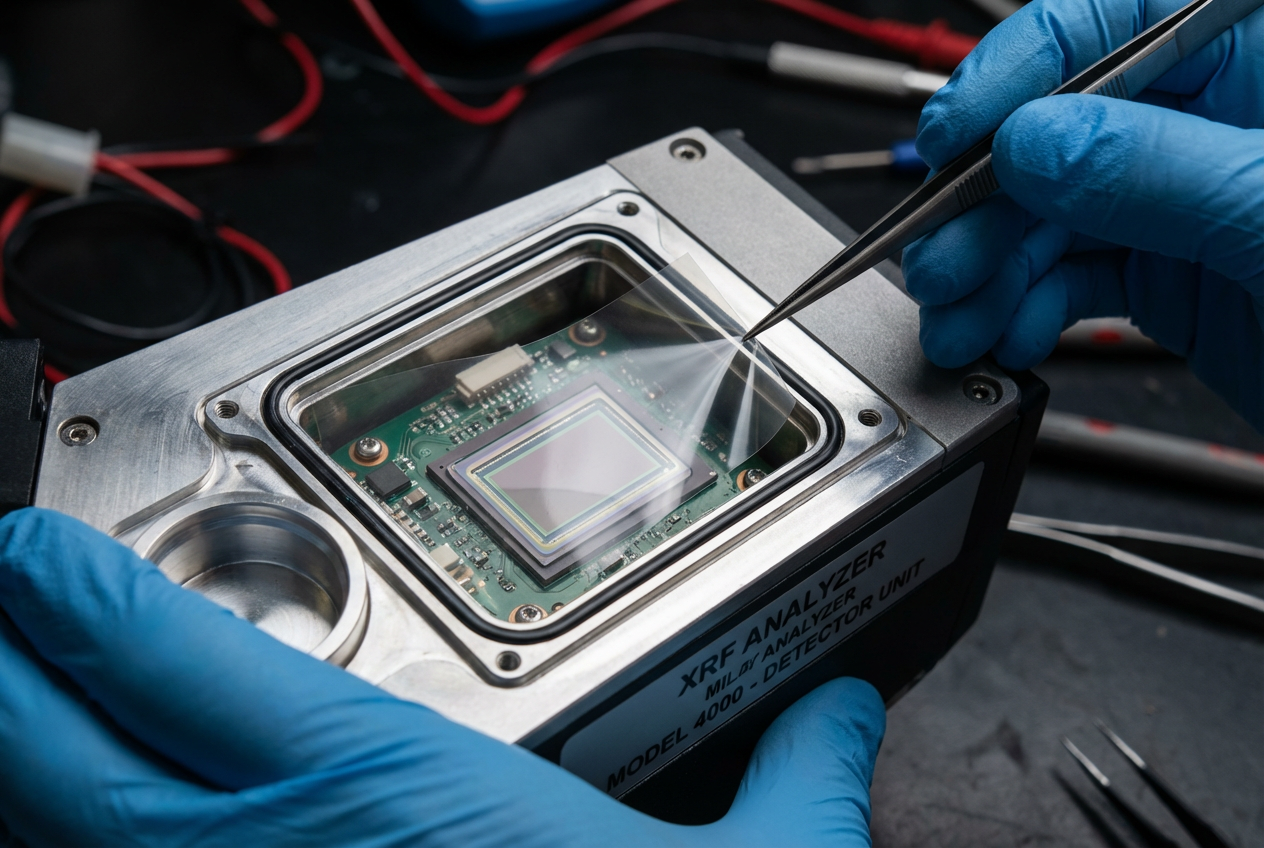 Close up of XRF detector window film being replaced with tweezers in a workshop
