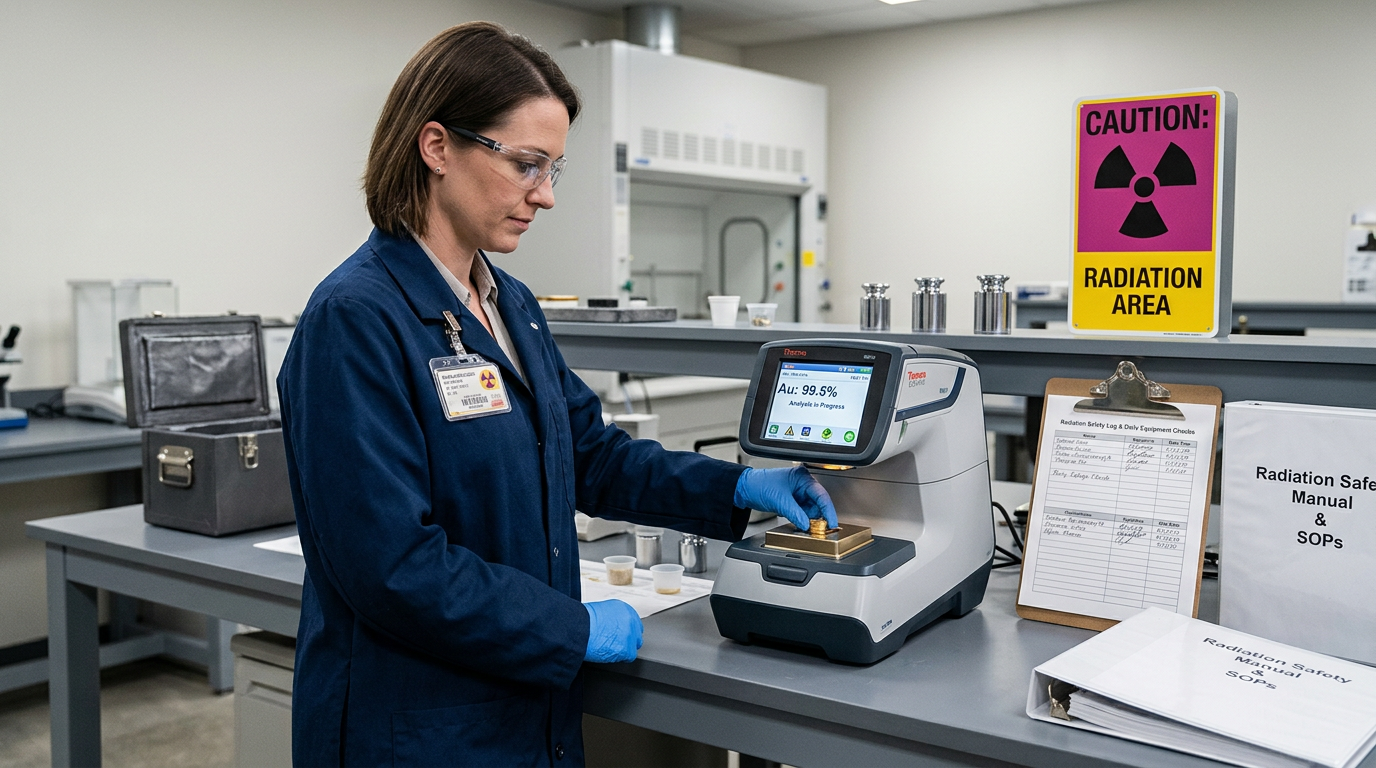XRF operator wearing dosimeter and safety gear