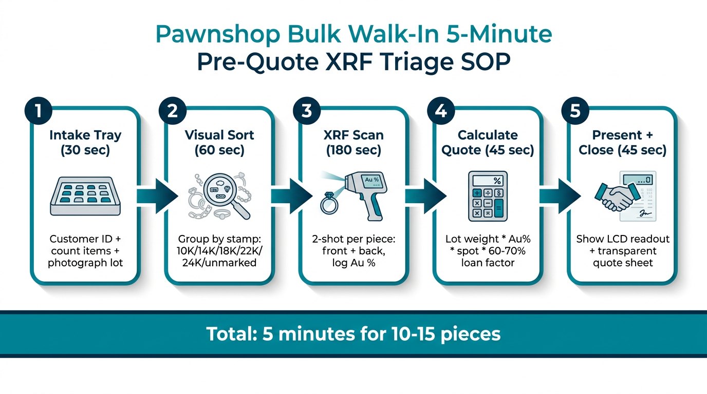 Pawnshop bulk walk-in 5-minute pre-quote XRF triage SOP flowchart with five steps