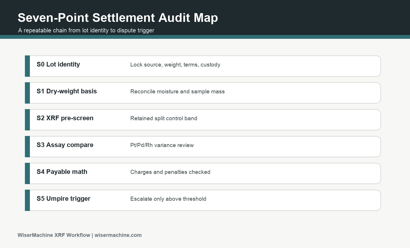Seven-point PGM settlement audit map from lot identity and dry-weight basis through sample representativeness, XRF control screen, refinery assay comparison, payable metal math, penalty review, and umpire trigger