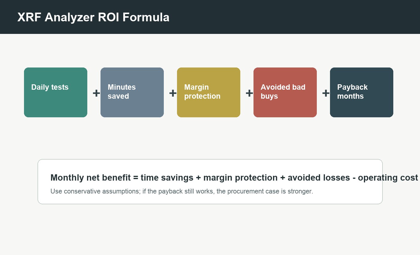 XRF analyzer ROI formula for pawnshops showing daily tests, margin protection, avoided bad buys, labor time, and payback months