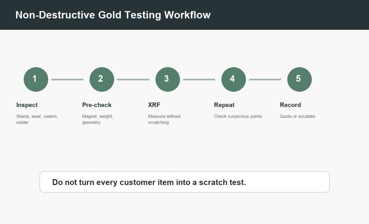 Non-destructive gold testing workflow for jewelry stores comparing visual check XRF verification and report record