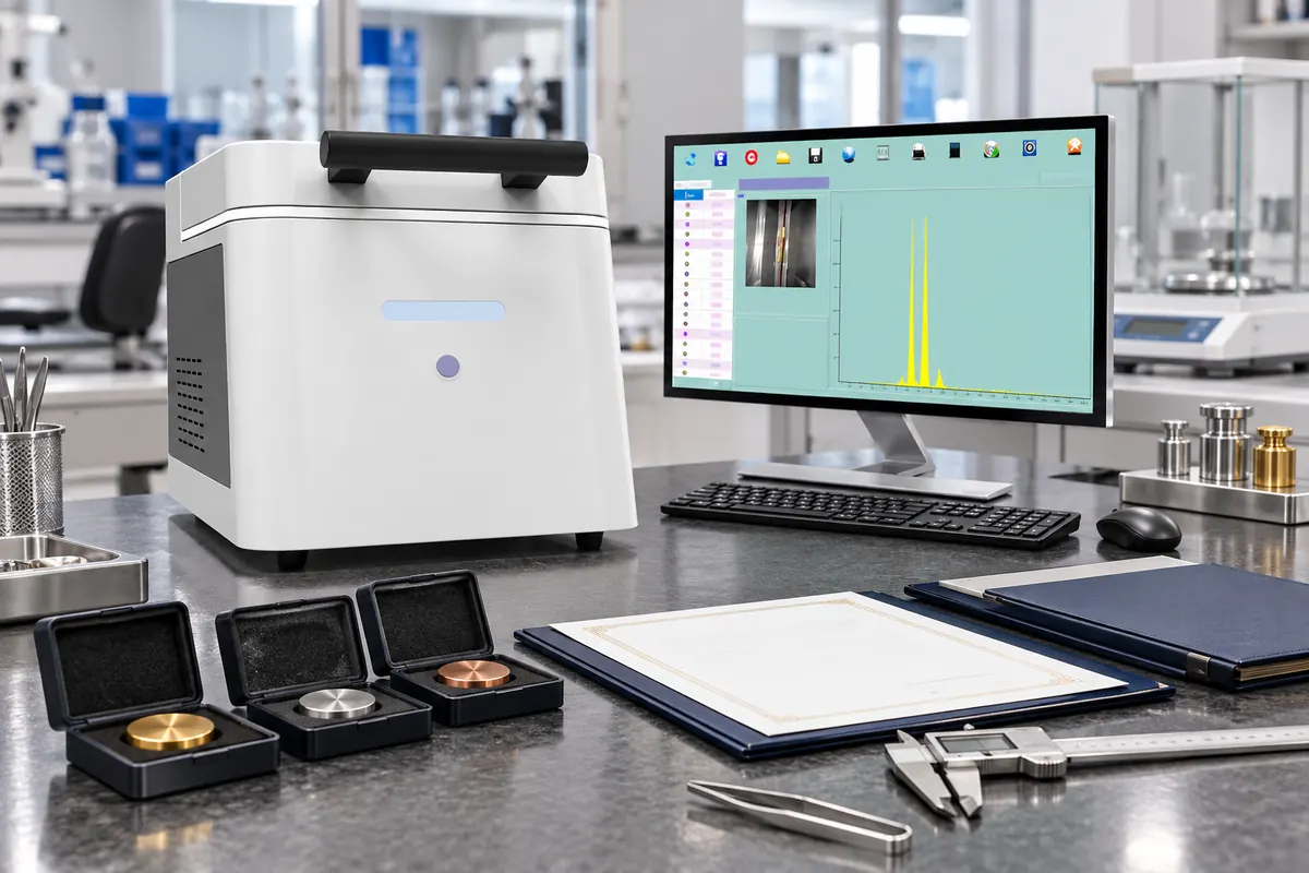 WM7700 XRF analyzer beside certified reference materials and calibration records in a quality laboratory
