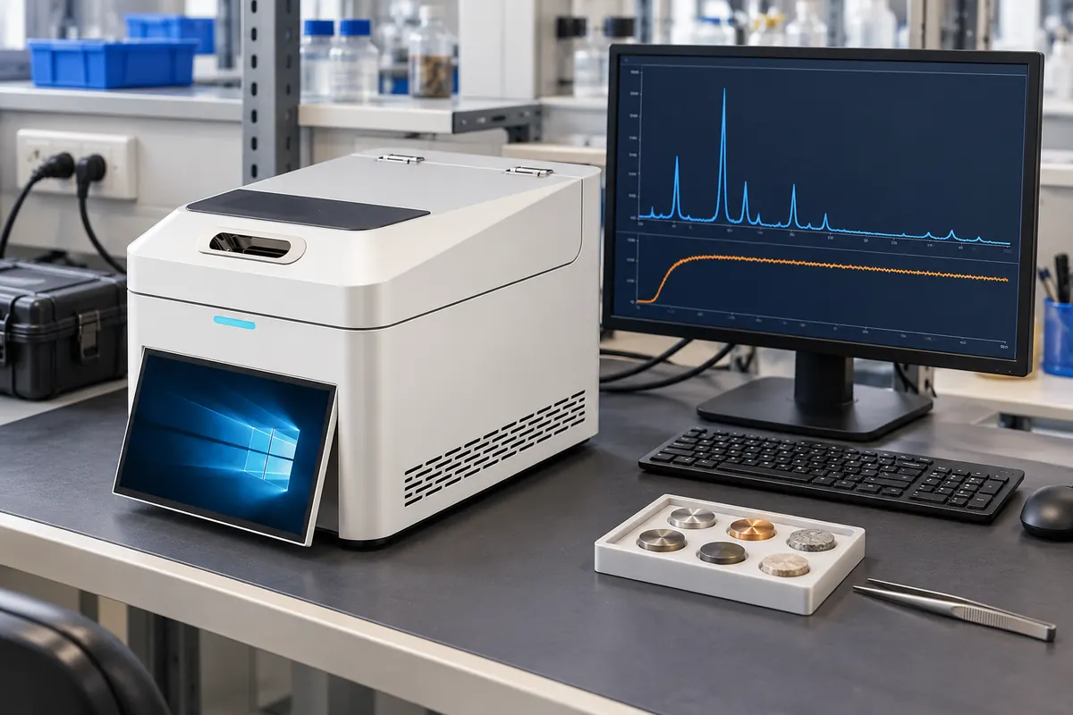 WM6000P XRF analyzer displaying count-rate diagnostics during a gold test