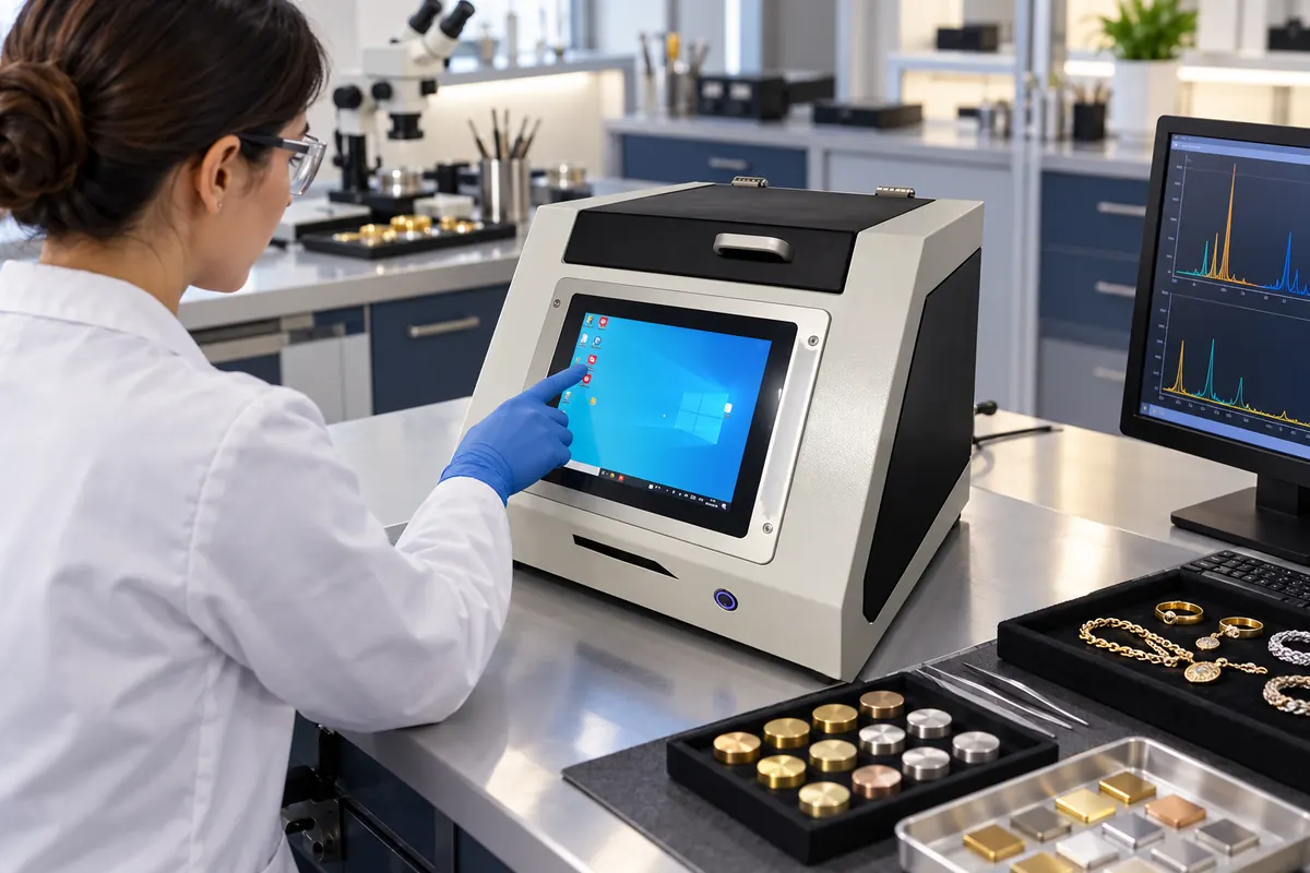WM5800 XRF analyzer in a jewelry assay laboratory reviewing filtered spectra