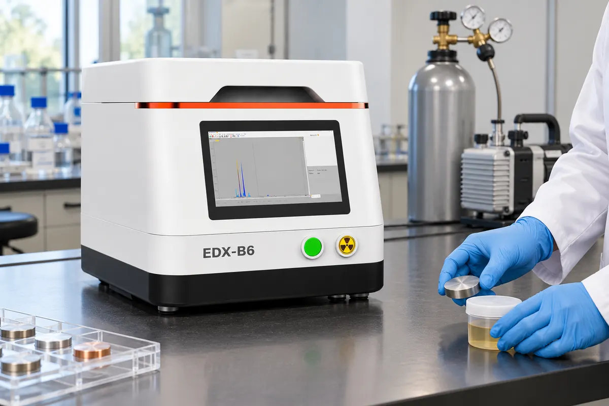 WM-EDX-B6 analyzer in a materials laboratory comparing solid and liquid XRF sample conditions